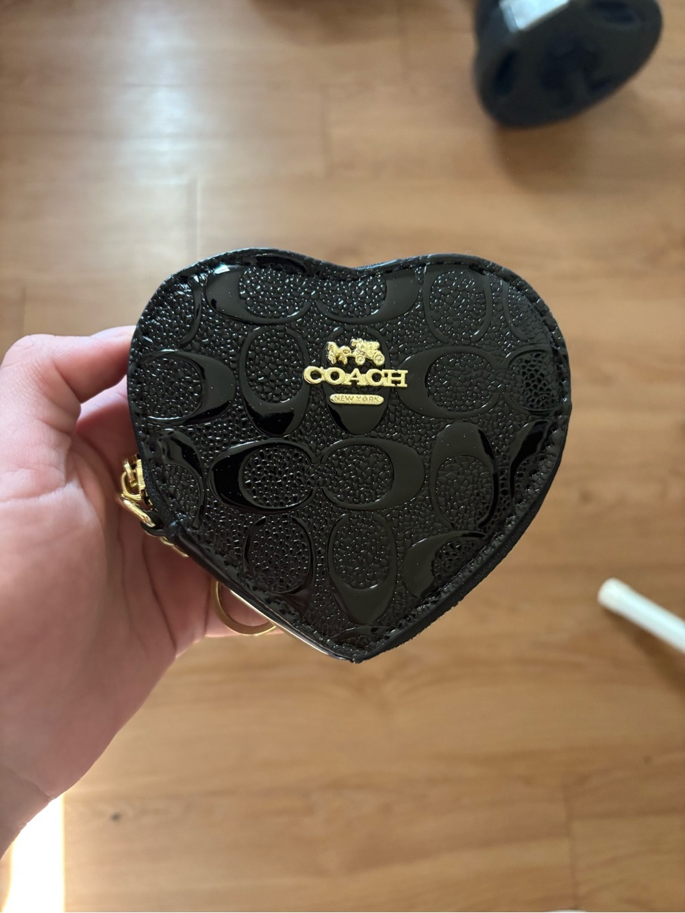 COACH Black Patent Heart Coin Pouch with Gold Hardware